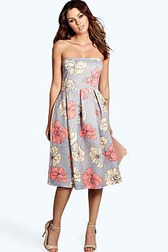 Boohoo Lucinda Floral Print Bandeau Midi Skater Dress