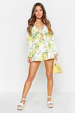 Boohoo Petite Lemon Print Kimono Sleeve Playsuit