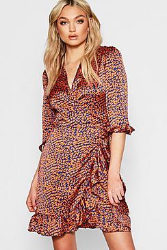Boohoo Tall Satin Leopard Print Ruffle Wrap Dress