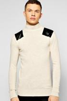 Boohoo Fine Gauge Hi-neck Jumper With Pu Panels Oatmeal