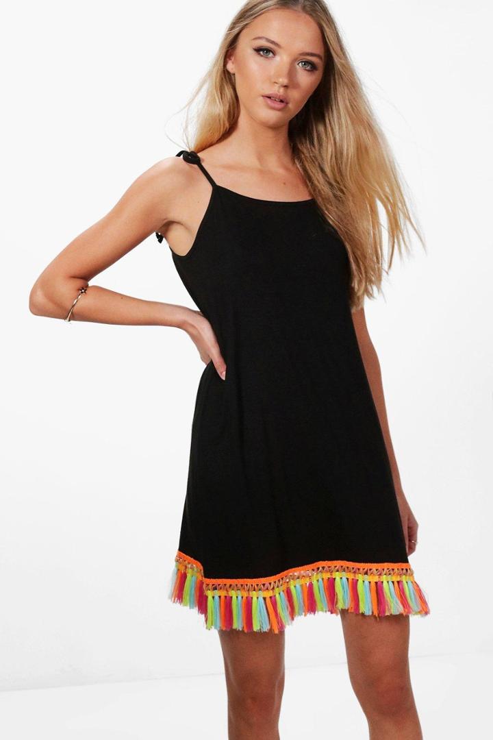 Boohoo Julia Tie Detail Swing Dress With Tropical Tassel Trim Black