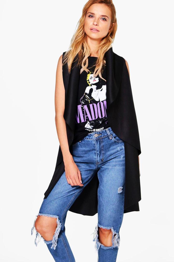 Boohoo Darcey Waterfall Sleeveless Suedette Duster Black