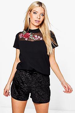 Boohoo Embroidered Mesh Scuba Top