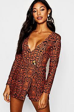 Boohoo Snakeskin Wrap Skort Collarless Blazer Playsuit