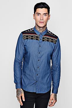 Boohoo Long Sleeve Denim Shirt With Aztec Embroiderey