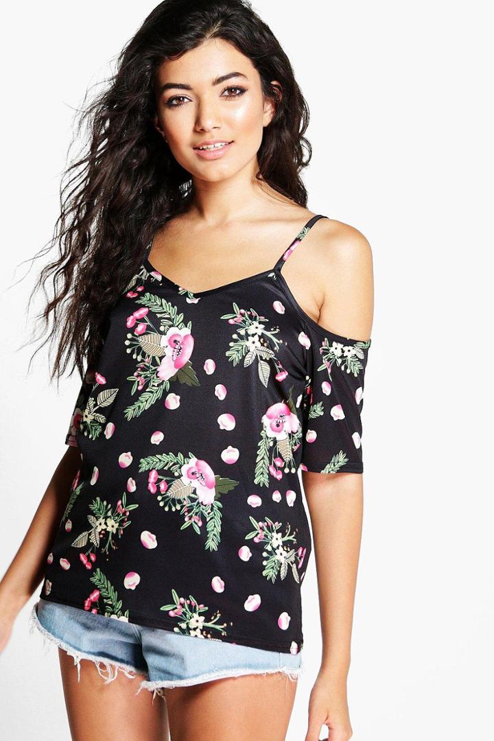 Boohoo Ava Cold Shoulder Printed Top Black