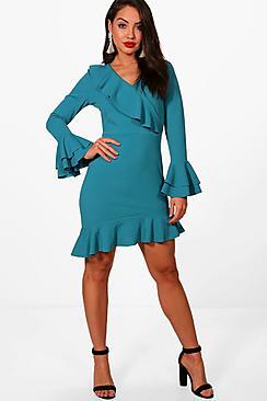Boohoo Ruffle Flared Sleeve Asymmetric Tea Dress