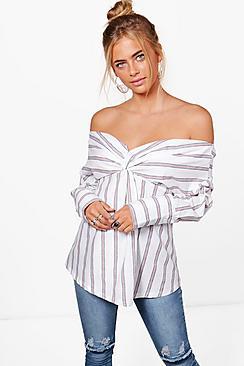 Boohoo Stella Striped Knot Front Bardot Blouse