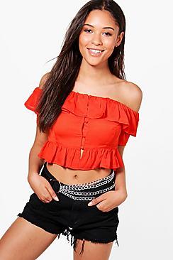 Boohoo Esme Woven Ruffle Button Down Bardot Crop