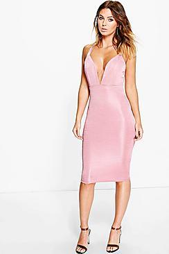Boohoo Lindsey Ribbed Plunge Neck Midi Dress