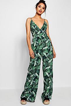 Boohoo Petite Freya Palm Print Wrap Front Jumpsuit