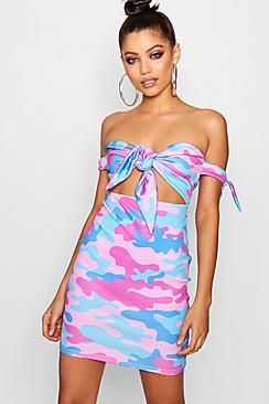 Boohoo Josie Bright Camo Bow Detail Mini Dress