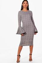 Boohoo Diana Check Fluted Sleeve Midi Dress
