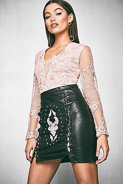 Boohoo Premium Katie Pu Embroidered Studded Skirt