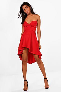 Boohoo Freya Structured Bust Bandeau Dip Hem Midi Skater Dress