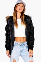 Boohoo Sophie Ma1 Bomber With Faux Fur Hood Black