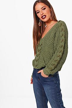 Boohoo Petite Lydia Lace Up Sleeve Cable Knee Jumper