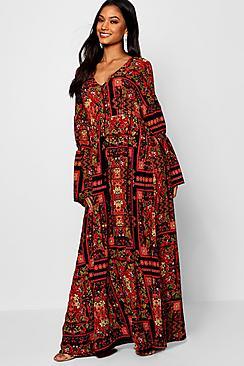 Boohoo Bohemian Print Flared Sleeve Maxi Dress
