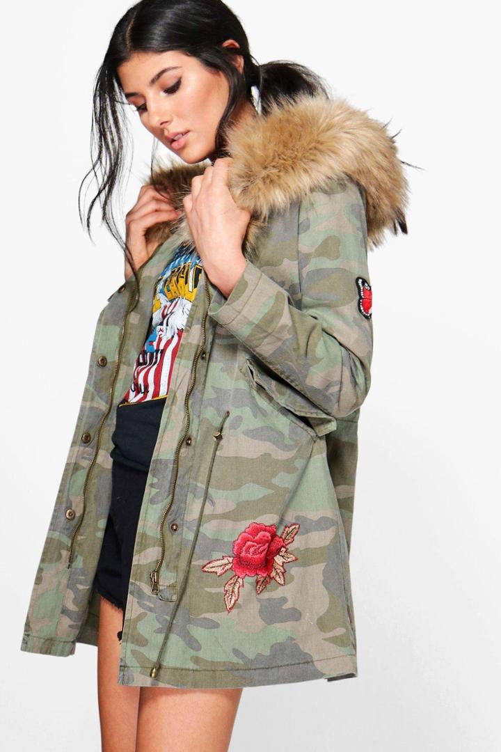 Boohoo Lisa Boutique Camo Embroidered Faux Fur Hood Parka Natural