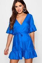 Boohoo Petite Volume Sleeve Tie Waist Wrap Dress