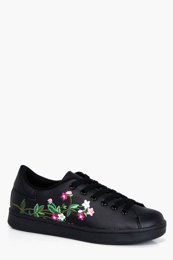 Boohoo Freya Floral Embroidered Trainer Black