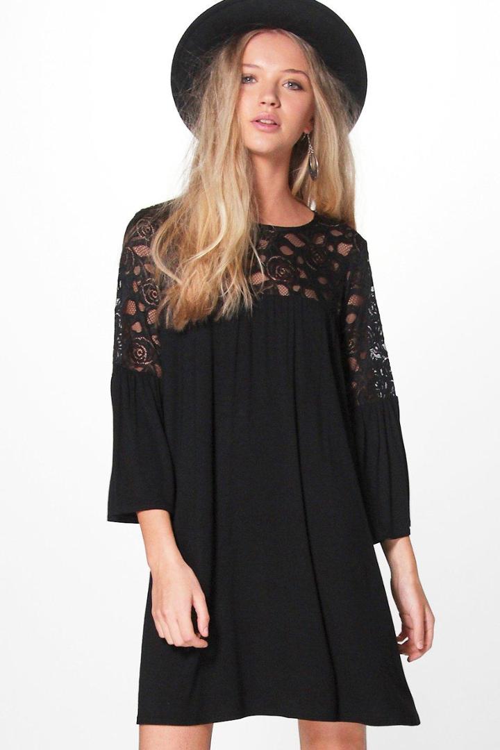 Boohoo Jinny Lace Insert Swing Dress Black
