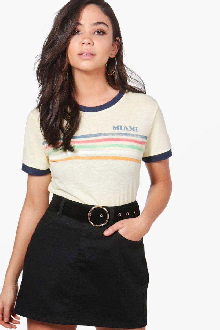 Boohoo Nikita Miami Slogan Washed Stripe T-shirt Yellow