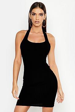 Boohoo Ribbed Halter Neck Strappy Mini Bodycon Dress