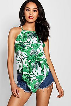 Boohoo Petite Sophie Palm Print Hanky Hem Cami Top