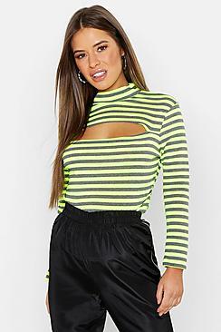 Boohoo Petite Neon Stripe Cut Out Detail Top