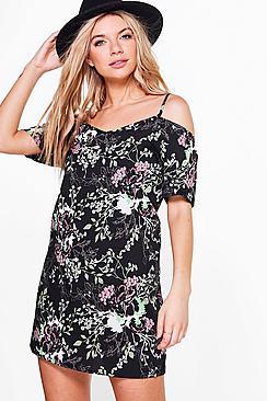 Boohoo Akira Cold Shoulder Floral Shift Dress