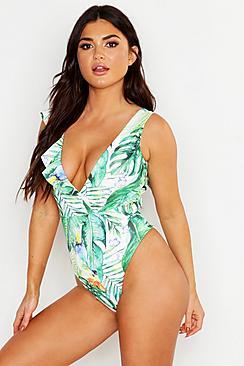 Boohoo Tropical Parrot Frill Shoulder Swimsuit
