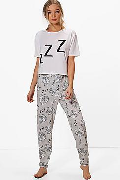 Boohoo Elise Sleeping Pug Crop & Legging Pjs