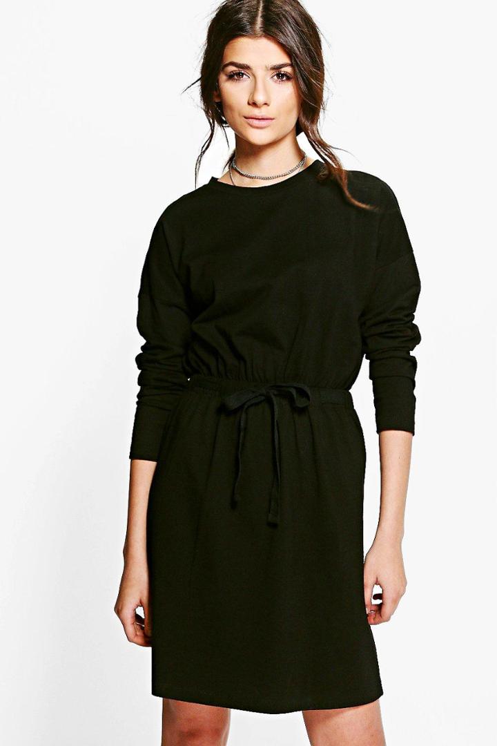 Boohoo Casey Draw Cord Detail T-shirt Dress Black