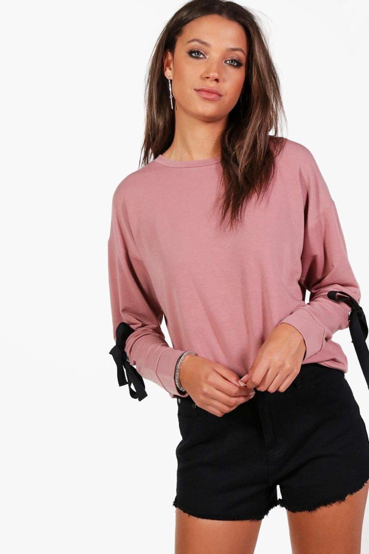 Boohoo Tall Lea Eyelet & Tie Sleeve Sweatshirt Rose