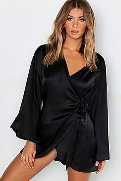Boohoo Satin Wide Sleeve Wrap Dress