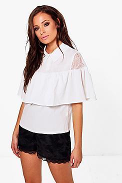 Boohoo Layla Lace Insert Ruffle Blouse