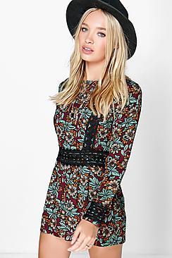 Boohoo Ava Crochet Trim Bohemian Floral Playsuit