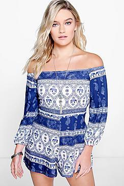Boohoo Oana Elephant Print Off The Shoulder Playsuit