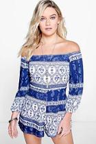 Boohoo Oana Elephant Print Off The Shoulder Playsuit