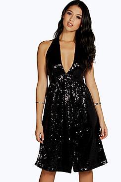 Boohoo Izzy Sequin Plunge Halterneck Skater Dress