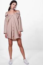 Boohoo Lilly Off The Shoulder Strappy Split Sleeve Shirt Dress