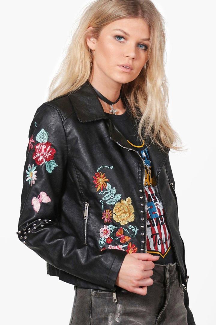 Boohoo Nicole Boutique Embroidered Biker Jacket Black
