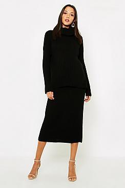 Boohoo Tall Roll Neck Rib Knitted Skirt Co-ord