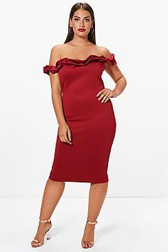 Boohoo Plus Abbie Frill Off The Shoulder Midi Dress