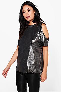 Boohoo Naomi Metallic Cold Shoulder T-shirt