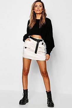 Boohoo Satin Utility Mini Skirt With Buckle Belt