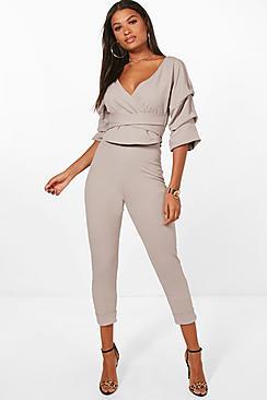 Boohoo Wrap Rouche Top & Trouser Co-ord Set