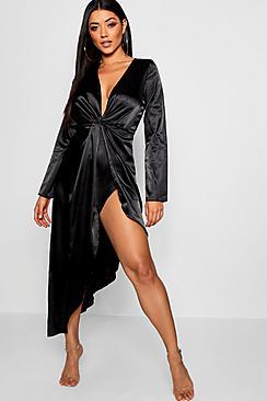 Boohoo Knot Front Midi Satin Asymmetric Hem Dress