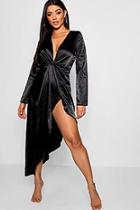 Boohoo Knot Front Midi Satin Asymmetric Hem Dress